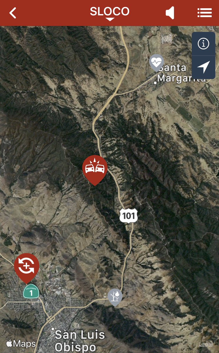 CALFIRE_SLO's tweet photo. TRAFFIC COLLISION: TV Tower Rd x S Hwy 101. Vehicle rollover on TV Tower Rd. Reported as 200 yards down with two occupants. #TowerIC #CountyofSlo #SanLuisObispo https://t.co/98D1gpXxGV