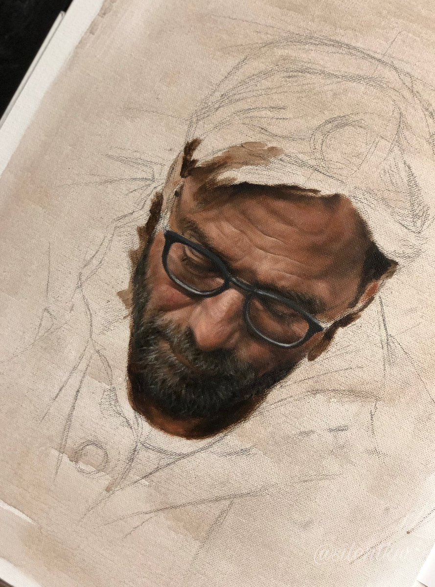 The beard took forever, ugh. Also, I did a few more layers on the face. Now, onto the hair 👍.... #klopp #oilpainting #lfc