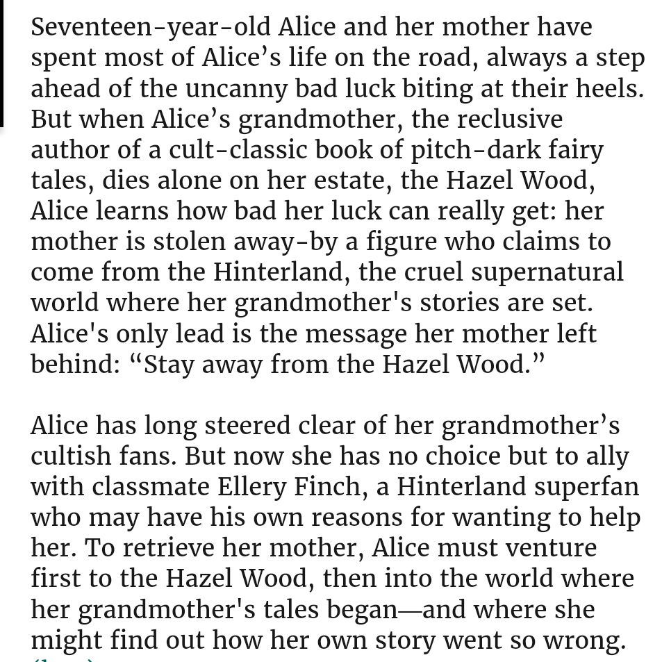 6.) the hazel wood - melissa albert.[taps mic] calling all unconventional & bloody fairytale fans. it's a story about the power of stories that spring forth fully-formed, with laws of their own. even better, they are so unique & unfamiliar that they're completely unpredictable.