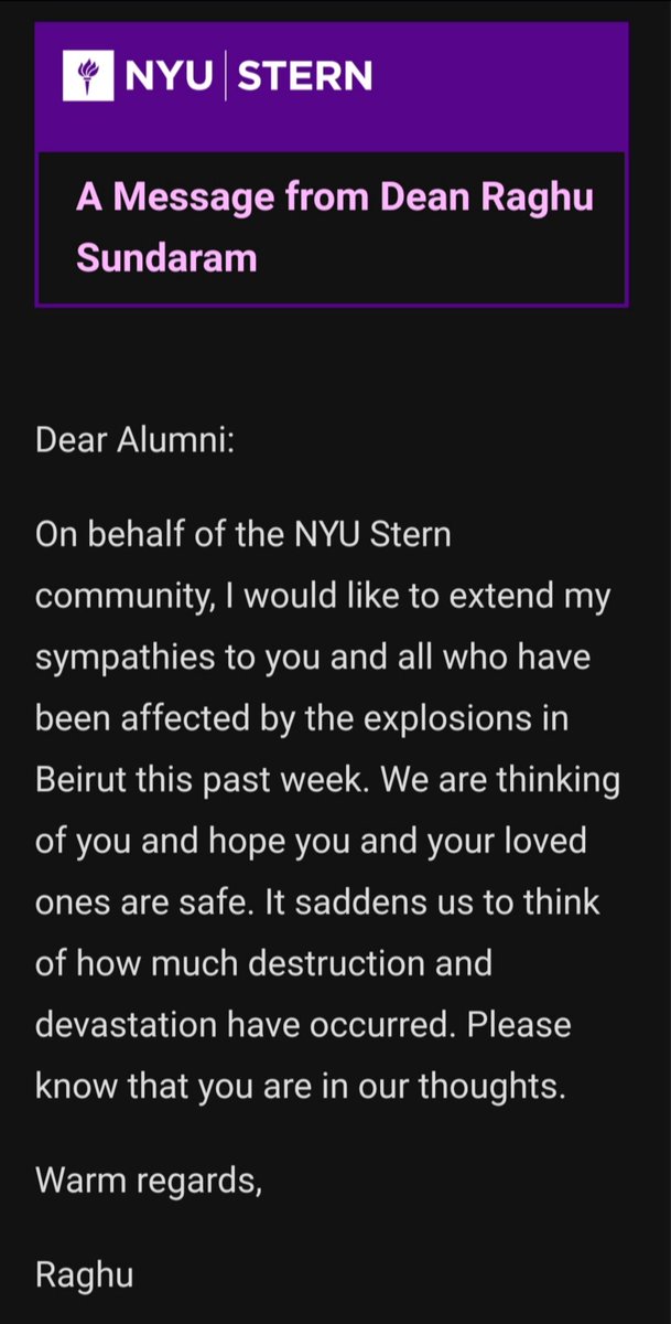 RiskMiss's tweet photo. Emails like these are why @NYUStern alumni bleed purple. Thank you
 https://t.co/IX0wByAVSR
 #BeirutInOurHearts #Beirut https://t.co/cO9dBDsWvU