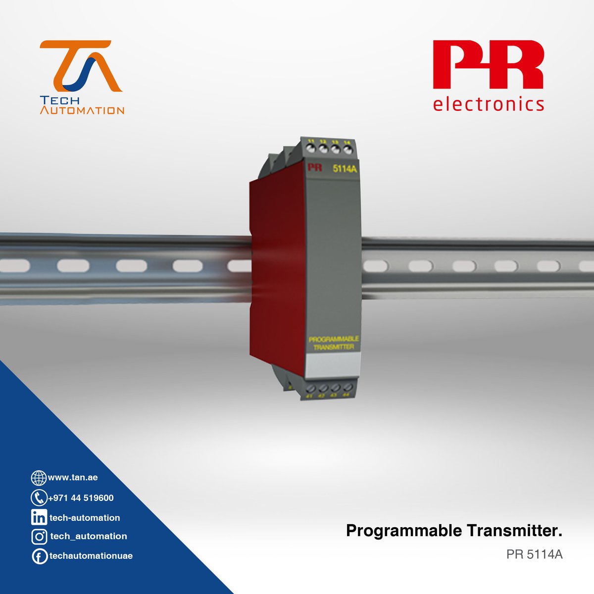 techautomation1's tweet image. PR.5114A
Programmable transmitter
- Input for RTD, TC, mV, linear resistance, mA, and V
- 3-port 3.75 kVAC galvanic isolation
- Current and voltage output
- Universal voltage supply
- 1- and 2-channel versions
- Loop supply > 17.1 V
For more details contact us at sales@tan.ae