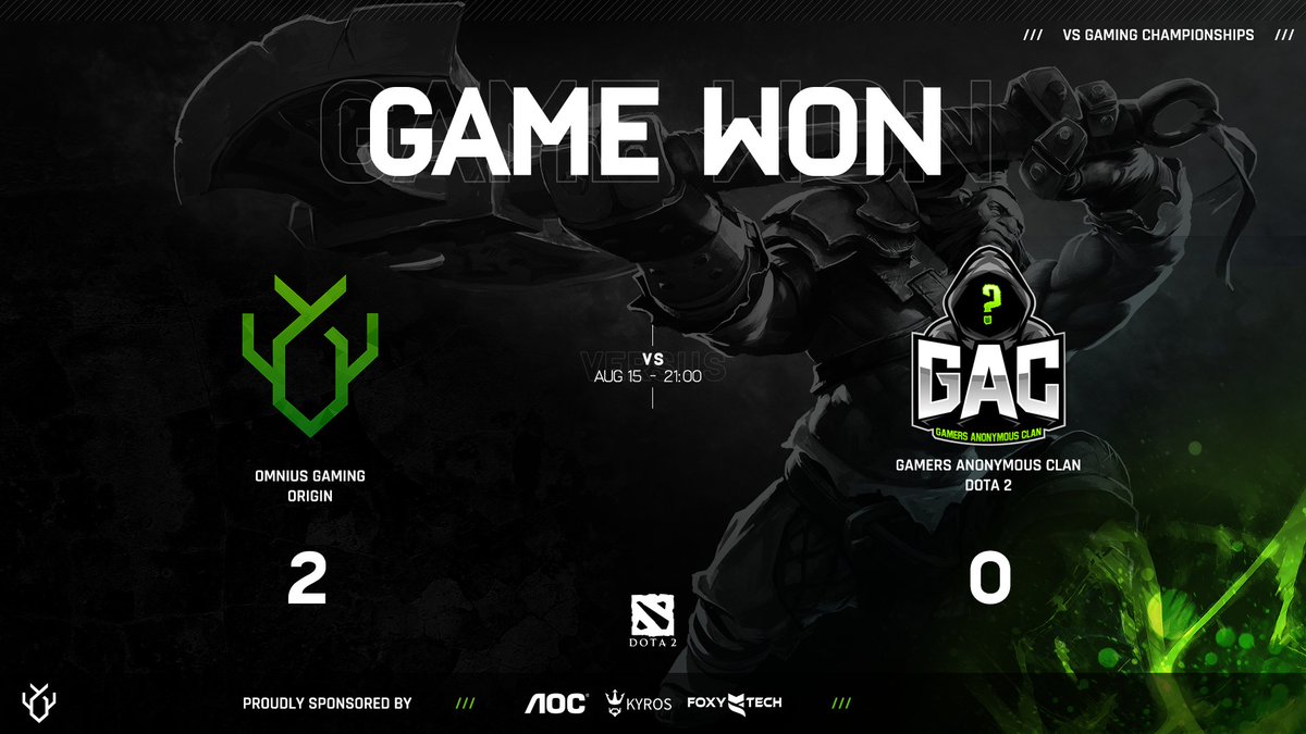 GG to our #DOTA2 Team last night for securing their [ 𝟮-𝟬 ] against <a href="/gamersanonclan/">GAC</a> in their <a href="/VSGamingWorld/">Telkom VS Gaming</a> Championships game 🔥🔥🔥

#ZAesports @AocSouth <a href="/Kyros_sa/">Kyros</a> <a href="/Foxytechza/">Foxytech</a> #OMNIUS