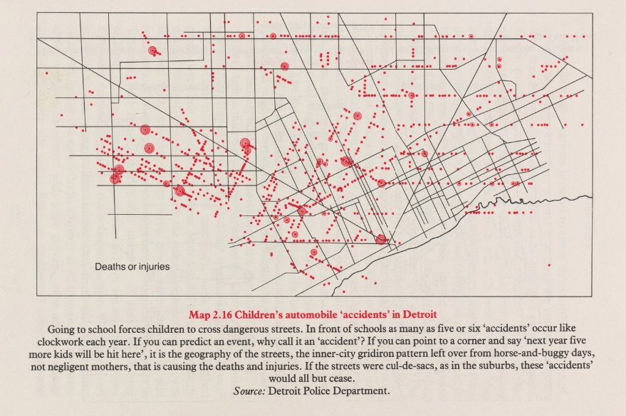 2/n n.b. re: history of traffic calming, recall William Bunge's map of injury from automobile accidents in the 1960s Detroit; an earlier version of the map was bluntly entitled 'Where Commuters Run over Black Children on the Pointes-Downtown Track' (image  @Cornell Library)