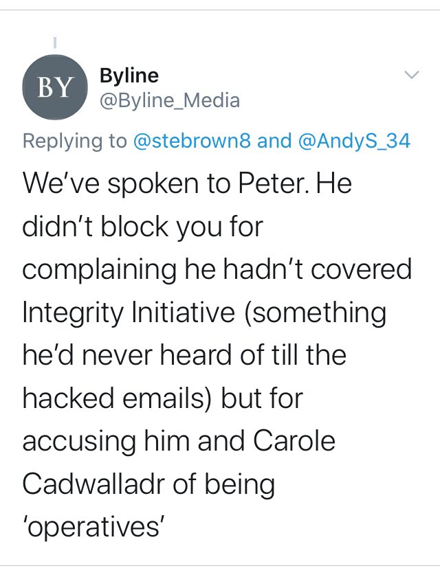 This prompted a response from Byline and some screenshots saying I was blocked for accusing Peter and Carole of being ‘operatives’ I hadn’t, somebody else did. I just replied