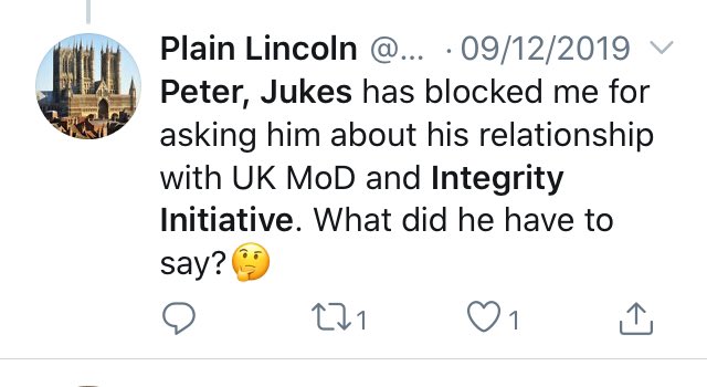 They then accused me of lying, not an accusation I can take lightly that so I replied that I wasn’t Peter was. I also pointed out I wasn’t the only one blocked for questioning Peters links to integrity initiative. 4/