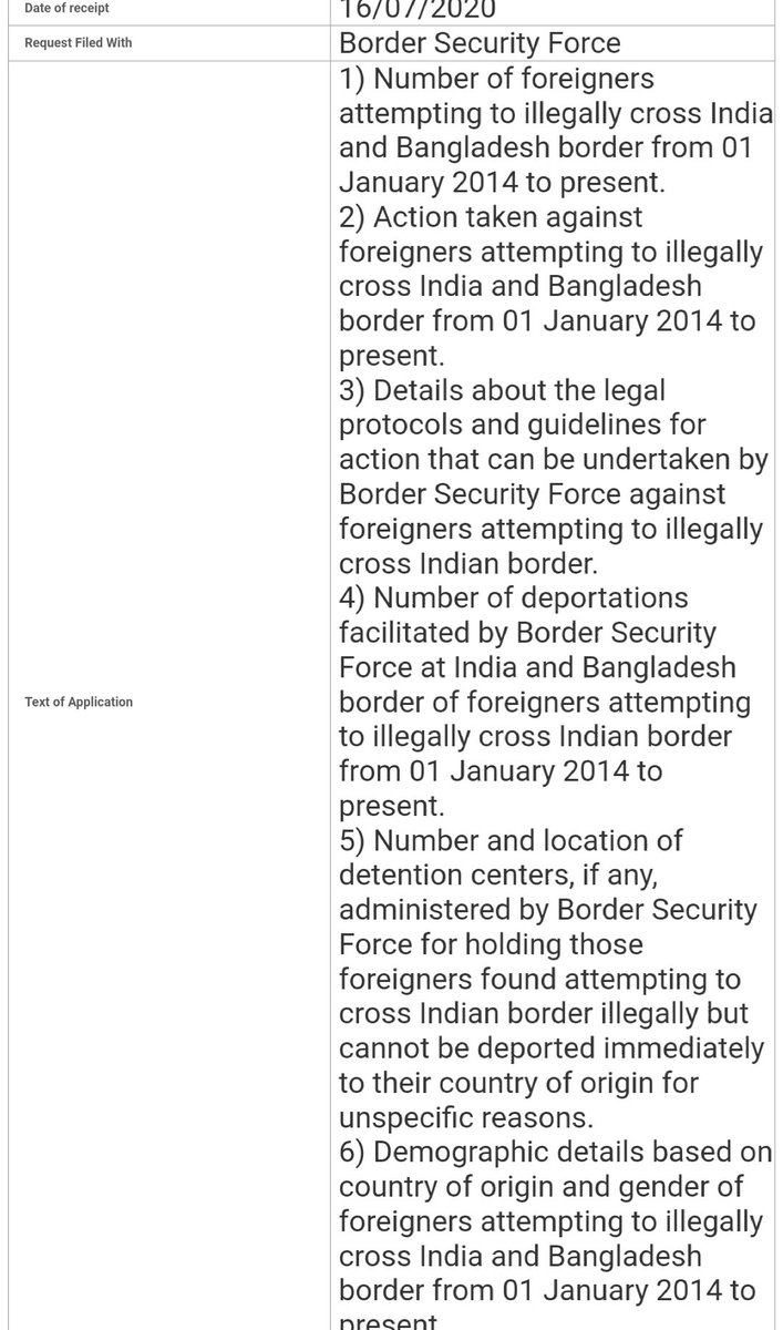 IndiaMigrant's tweet photo. We had filed an RTI against Border Security Force on 16/07/2020 asking the following questions. The request was forwarded to CPIO D.K. Boora (DIG OPS FHQ) on 17/07/2020. If we don't get a response by tomorrow, we will file a complaint to the Central Information Commission. https://t.co/QJM3Dkuk1G