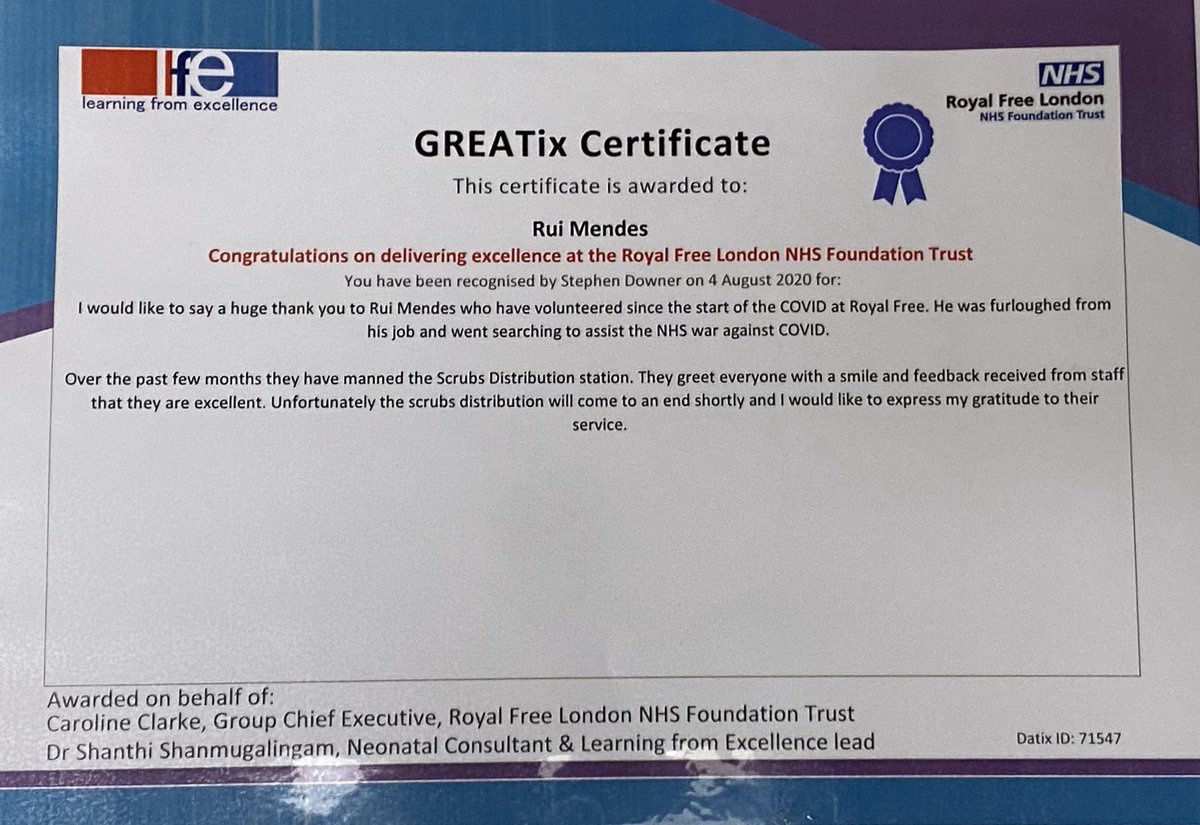 RuiMendesUk's tweet photo. Finally got my certificate from: @RoyalFreeNHS @RoyalFreeChty #nhsheroes #NHSHeroe #royalfreelondon . 🌈❤️💃 https://t.co/tWTP9V3hWo