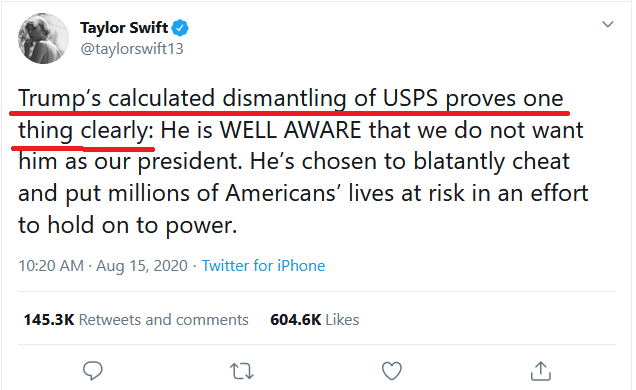 1/ @realDonaldTrump said he's preventing the USPS from delivering mail in ballots for the election @taylorswift13 sounded the alarm about the election in a tweet that got 600k likesIn a twist that shocked precisely no one, neither has a clue what they're taking aboutA thread