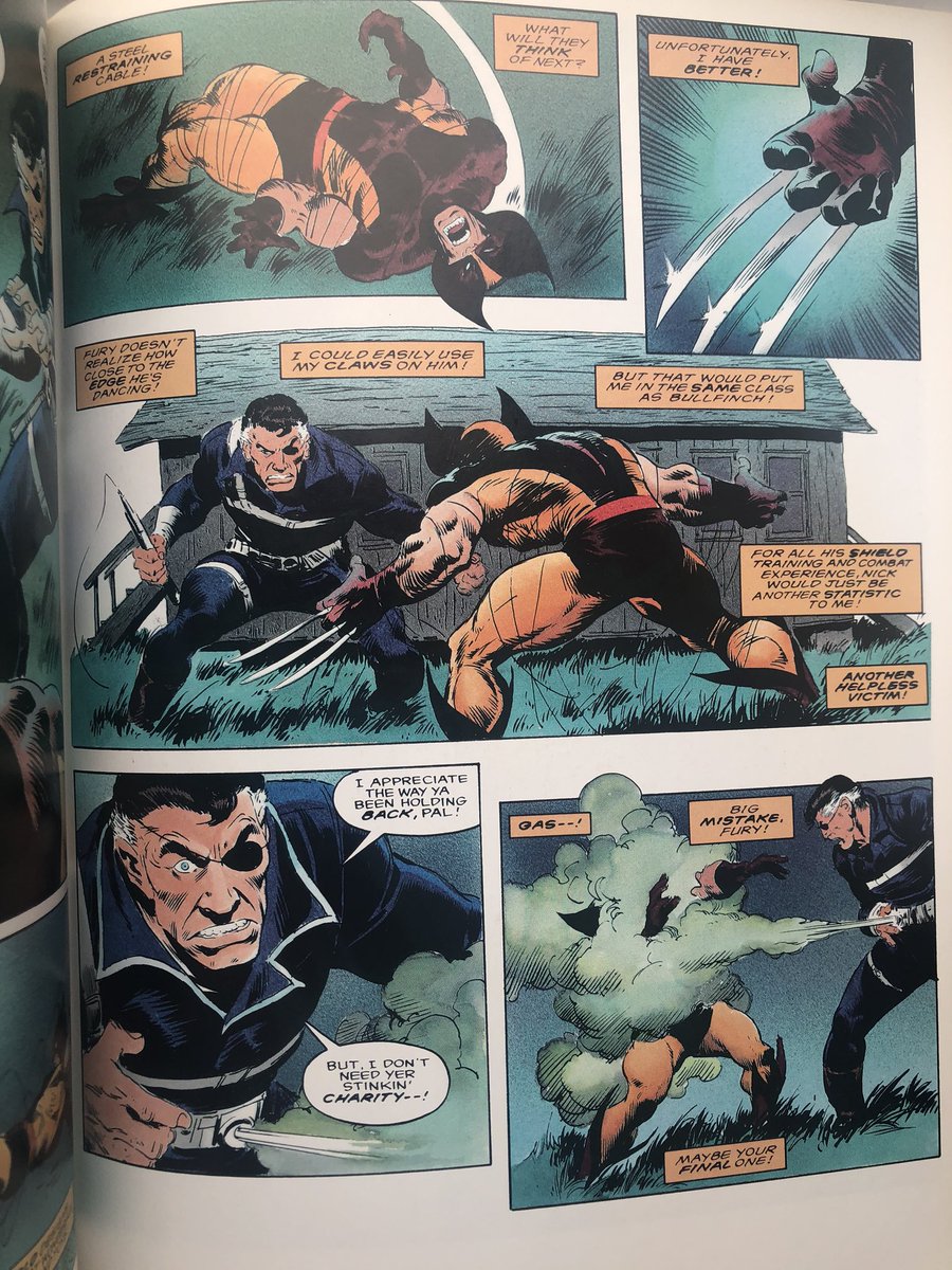 Marvel GN: Wolverine: Bloody Choices. Defalco and Buscema. Painted colours by Greg Wright. The distance between the quality of the art vs the atrociousness of the story is unbearable. The guy in the fourth image has the same haircut as Logan. Could the be related?  7/x