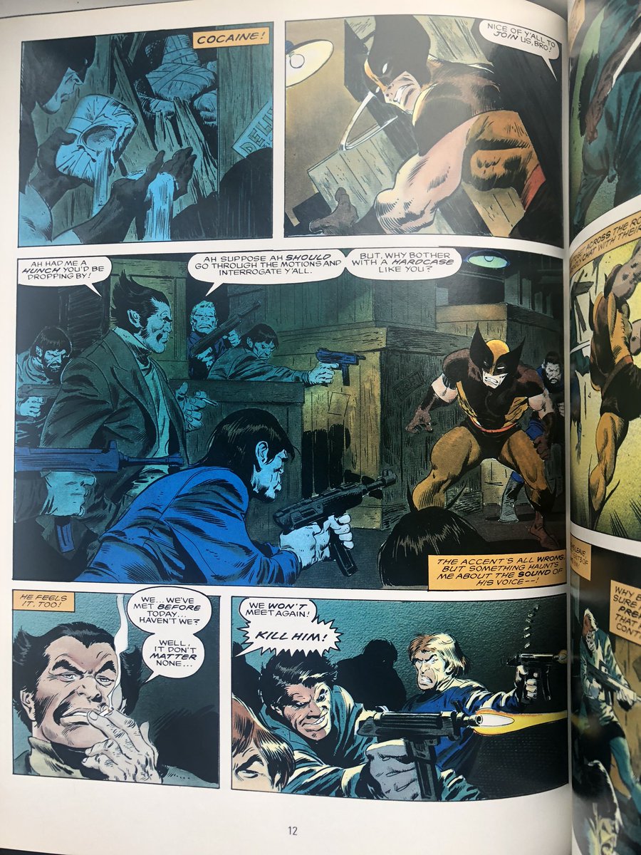 Marvel GN: Wolverine: Bloody Choices. Defalco and Buscema. Painted colours by Greg Wright. The distance between the quality of the art vs the atrociousness of the story is unbearable. The guy in the fourth image has the same haircut as Logan. Could the be related?  7/x