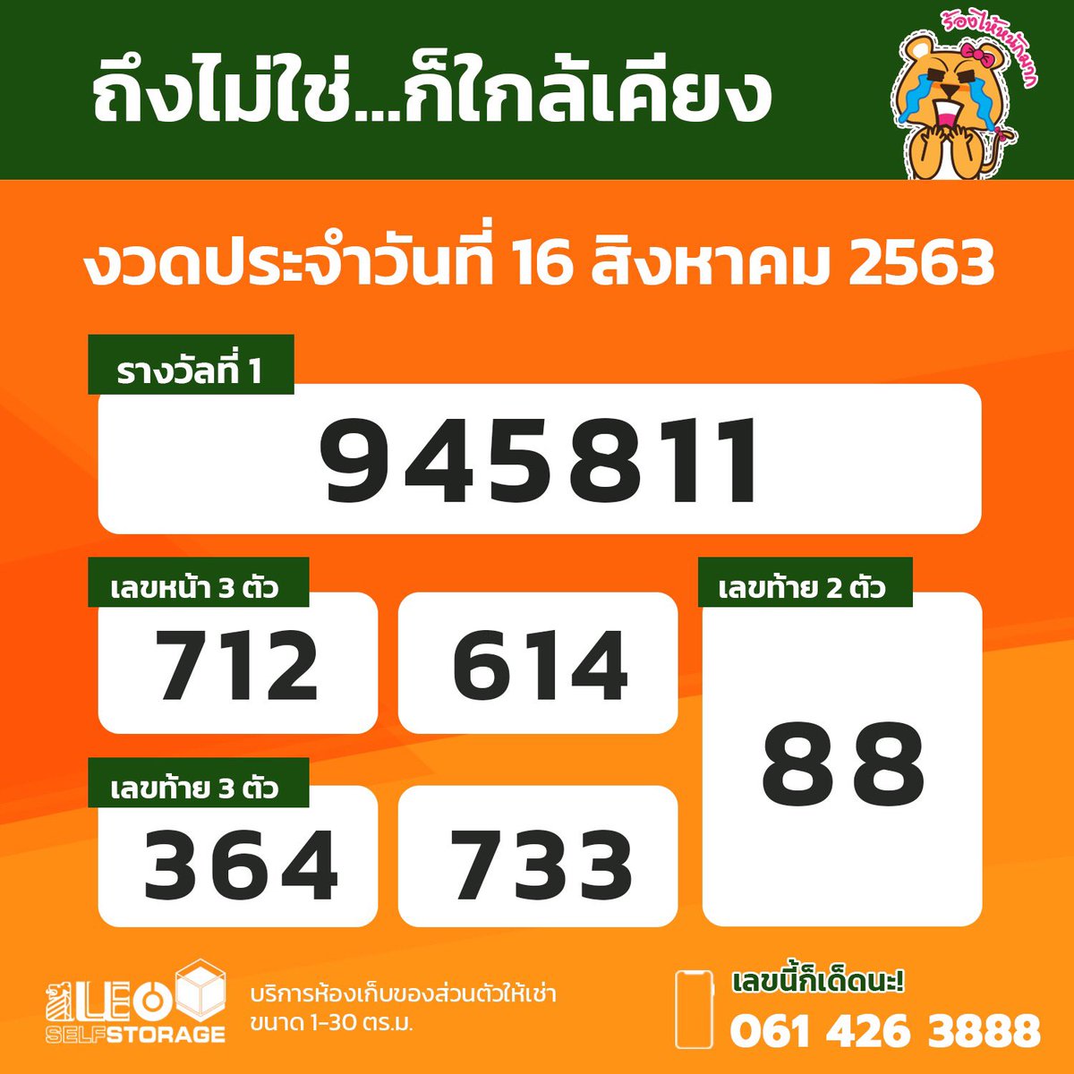 leoselfstorage's tweet photo. #ใครถูกบ้าง 🎉 ผลการออกสลากกินแบ่งรัฐบาล
งวดประจำวันที่ 16 สิงหาคม 2563
.
รางวัลที่ 1 👉🏻 เลขที่ออก 945811
รางวัลเลขท้าย 2 ตัว 👉🏻 88
รางวัลเลขหน้า 3 ตัว 👉🏻 712, 614
รางวัลเลขท้าย 3 ตัว 👉🏻 364, 733
.
#สลากกินแบ่งรัฐบาล
#ตรวจหวย
#หวย
#หวยรัฐบาล
#LEOSelfStorage https://t.co/QiqxCltcj4