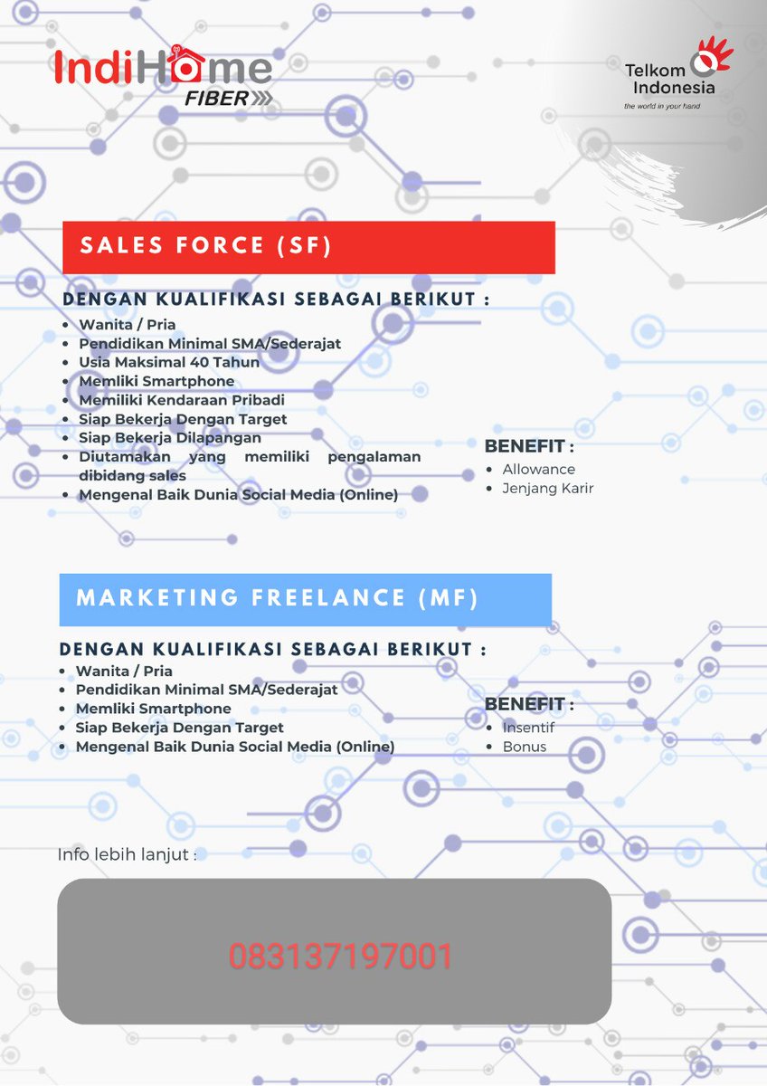 Kurniawanw15's tweet photo. Telkom Indihome Wilayah Bandung

Membutuhkan:

1. Sales Force
2. Marketing Freelance

Lamar secara online melalui

https://t.co/9VXGew1n9A 

NOTE:
Kode Team Leader Wajib diisi dengan kode: TLK14 https://t.co/hQvBdj2Y1Z