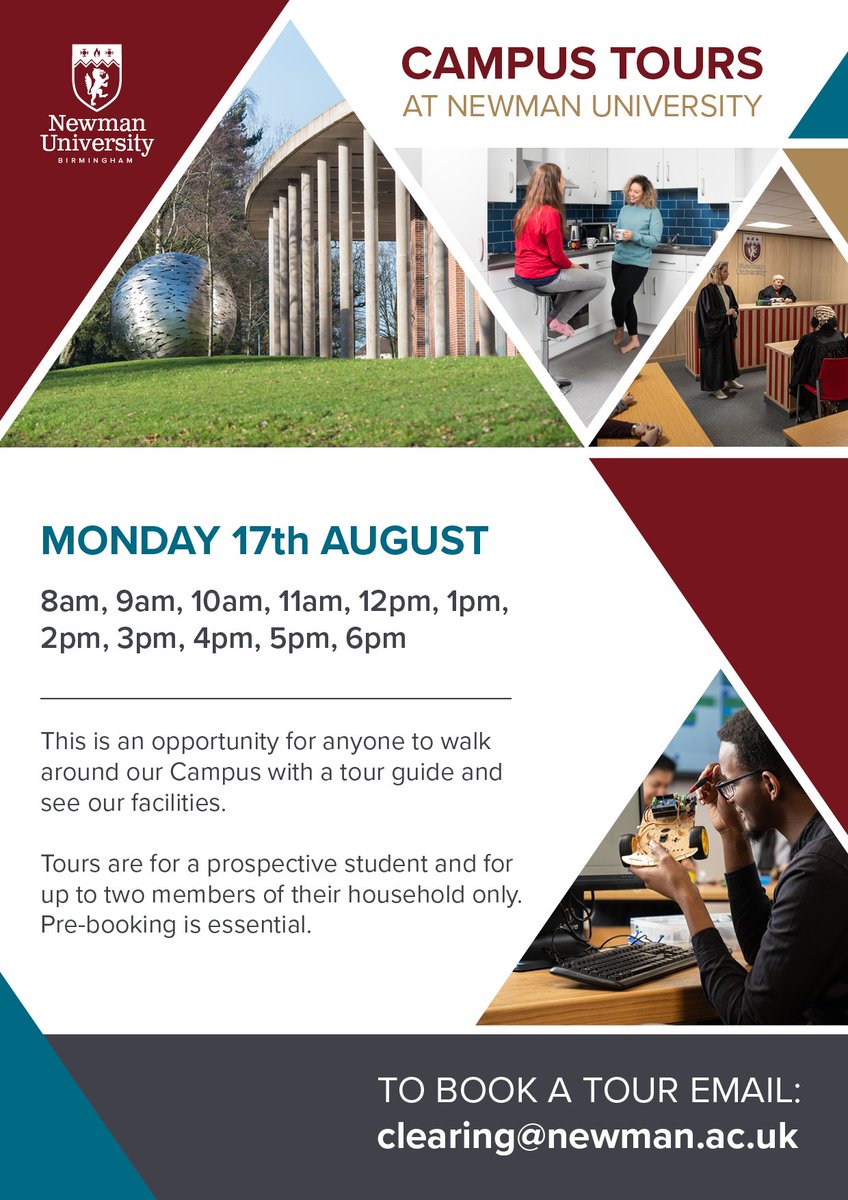 #NewmanUniversity Campus Tours taking place on 17th, 18th & 19th Aug throughout the day. An opportunity for you to walk around campus with a tour guide. Tours are for 1 prospective student & 2 members of their household only. To book (essential) email clearing@newman.ac.uk.