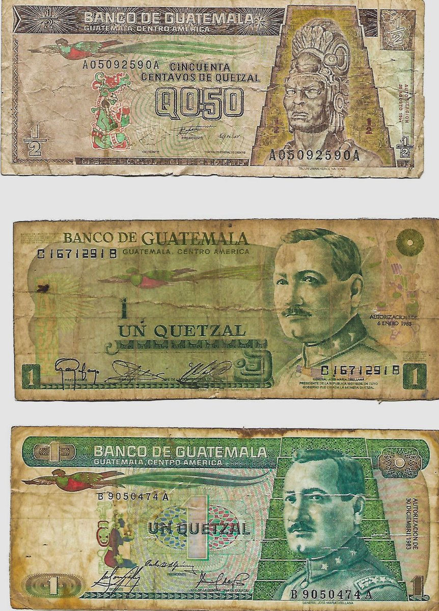 D_Barrueto's tweet photo. Unos billetes viejos de Guatemala, los de un Quetzal aún existen, pero en otra versión más plástica, el de 50 centavos fue sustituido por moneda, en los 90s era muy utilizado porque las coca colas costaban 50 centavos en la tienda de barrio más cercana. https://t.co/e7X61wfRBw
