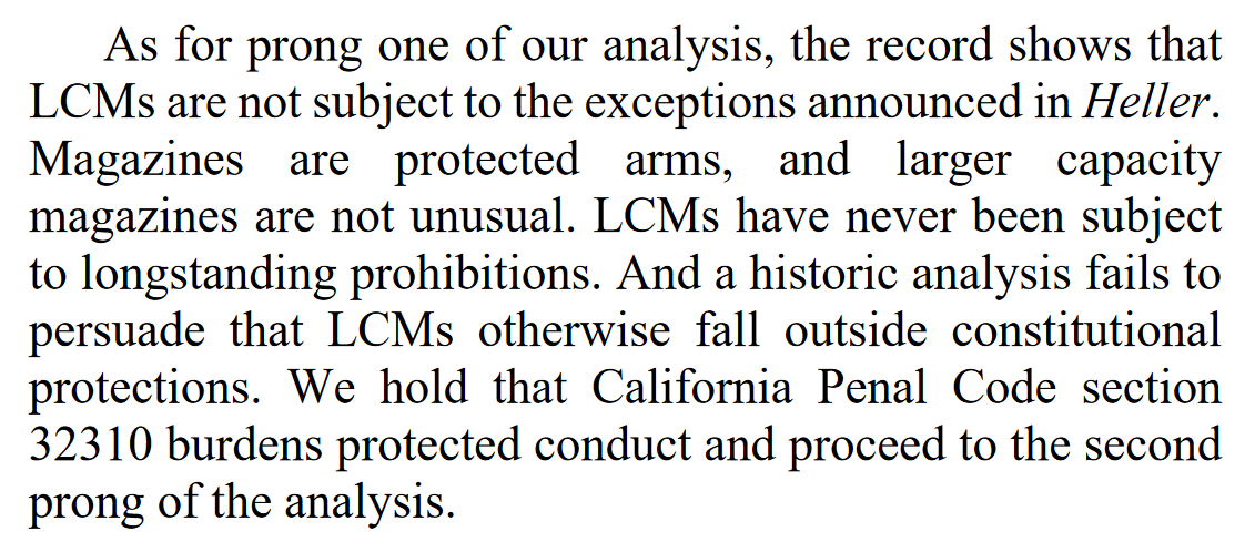 "As for prong one of our analysis, the record shows that LCMs are not subject to the exceptions announced in Heller. Magazines are protected arms, and larger capacity magazines are not unusual."