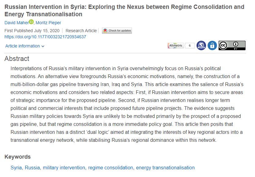 PolStudies's tweet photo. OPEN ACCESS: Russian intervention in Syria: @DrDavidMaher &amp; @moritz_pieper explore the nexus between regime consolidation and energy transnationalisation in their @PolStudies article: https://t.co/LZvUjd3GnW

@SAGECQPolitics @PolStudiesAssoc #military #intervention #Syria #Russia https://t.co/ELz2yp6RUS