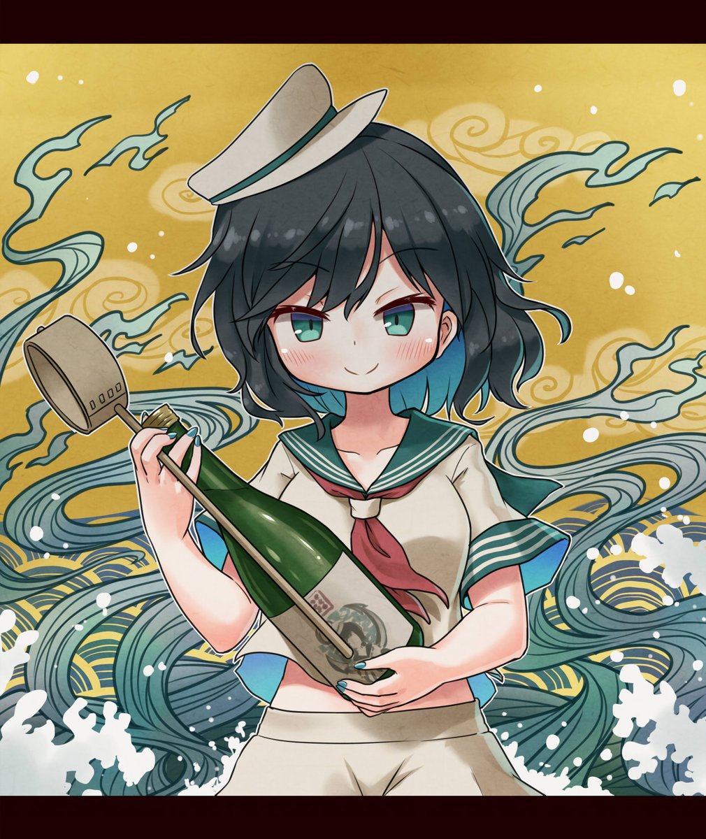 murasa minamitsu 1girl solo black hair hat smile bottle sailor collar  illustration images