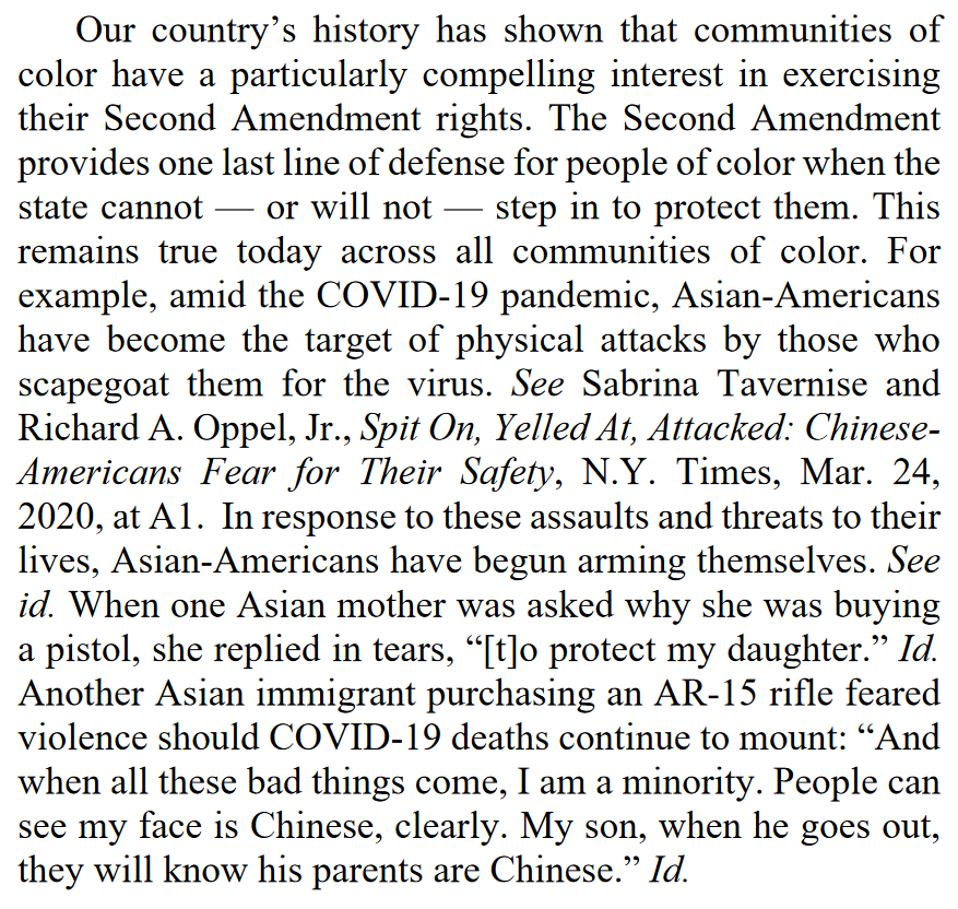 "Our country’s history has shown that communities of color have a particularly compelling interest in exercising their Second Amendment rights. The Second Amendment provides one last line of defense for people of color when the state cannot —or will not —step in to protect them."