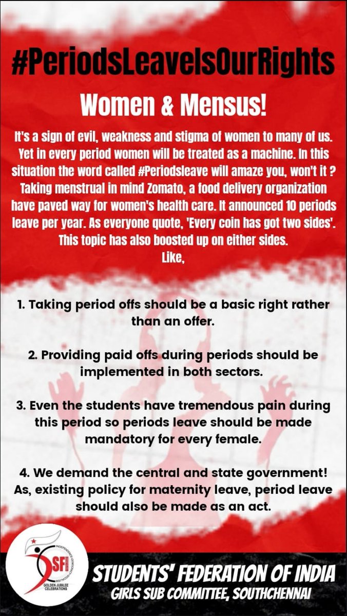 Sfisouthchennai's tweet photo. Let's talk about PERIODS let's break the taboo
#PeriodLeaveIsOurRights
#BleedWithoutfear
#SFI https://t.co/thyn2ycrG2
