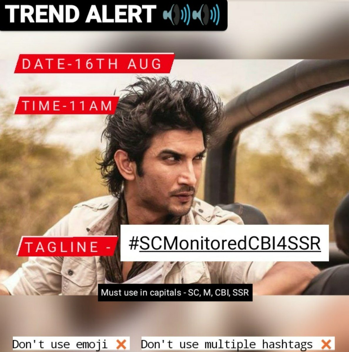 🔱 Trend Activity Today 🔱

For Our Beloved Sushant 

Truths kindle light for Truths ! So that,Truth Shall Prevail !! 💪

TAGLINE - #SCMonitoredCBI4SSR   

Time - 11 AM 

Use Tagline Accurately !
Use Single Tagline ! 

RT and Spread