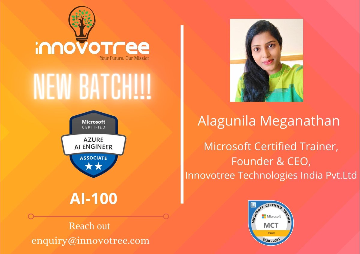 alagunilam's tweet photo. Only One Day Left!!!
We are Extremely Happy to Start New Batch for "AI 100". Its a Paid Training course.
Duration&amp;Date : 10 Hours &amp; 17.08.20 to 21.08.20
If you are interested, Kindly register here
Link : https://t.co/XfG84MFHNk
#innovotree #microsoft #MCT
#Azure #fundamentals #AI https://t.co/CMGvvPqiVZ