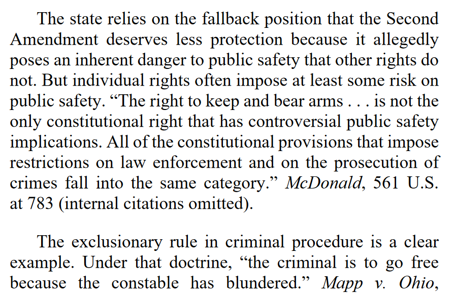 "The state relies on the fallback position that the Second Amendment deserves less protection because it allegedly poses an inherent danger to public safety that other rights do not. But individual rights often impose at least some risk on public safety."