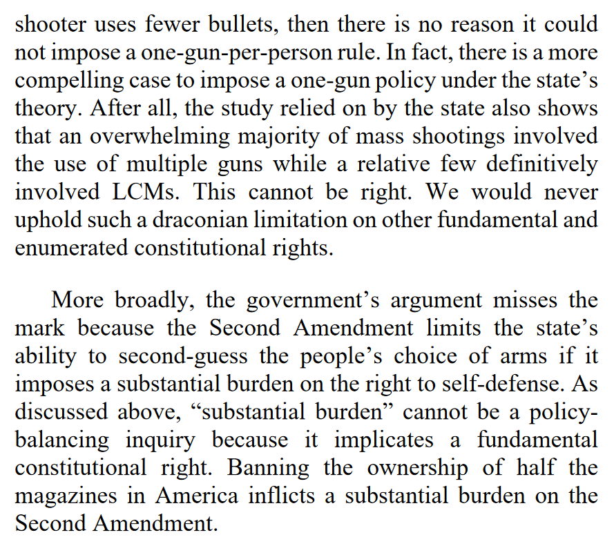 "There is also no stopping point to the state’s argument. Under its logic, California could limit magazines to as few as three bullets and not substantially burden [2A] rights because, on average, 2.2 bullets are used in every defensive encounter according to one study."