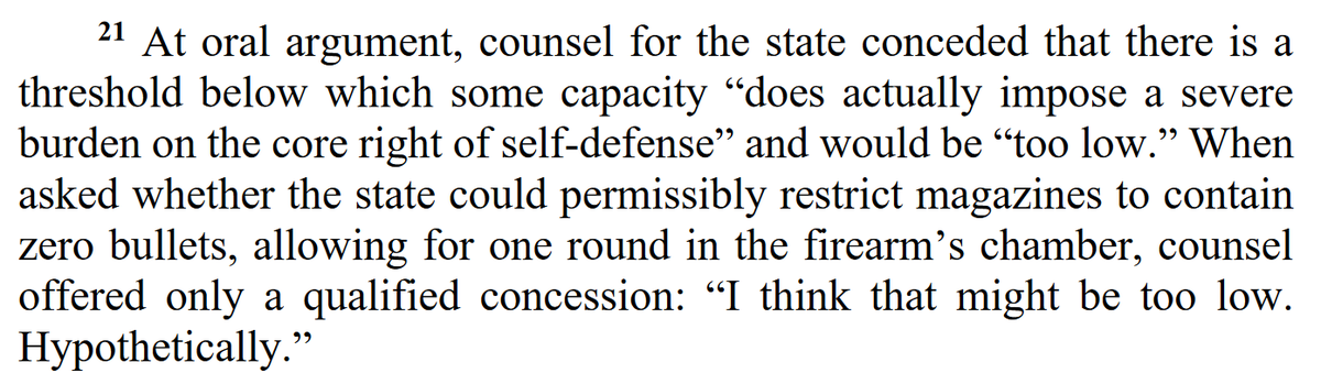 "When asked whether the state could permissibly restrict magazines to contain zero bullets, allowing for one round in the firearm’s chamber, counsel offered only a qualified concession: 'I think that might be too low. Hypothetically.'"