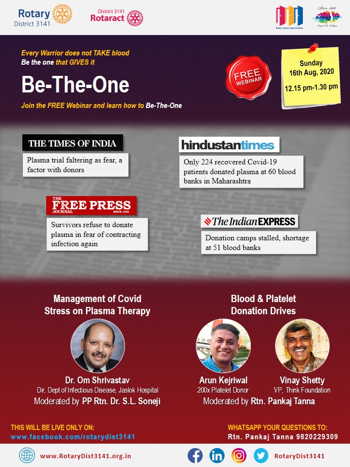 Every warrior does not TAKE blood 
Be the one that GIVES it. 
Catch us live sharp 12pm on twitter. <a href="/Rotary3141/">Rotary District 3141</a> 
#rotary #COVID19India #blood #platelet #Plasma #donation 
#RotaryBeTheOne 
<a href="/sandeepohri/">Sandeep Ohri - That Strategy Guy</a>