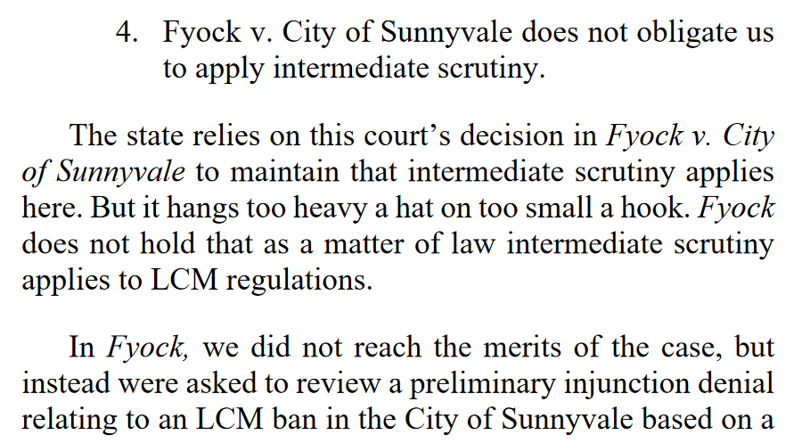 "The state relies on this court’s decision in Fyock v. City of Sunnyvale to maintain that intermediate scrutiny applies here. But it hangs too heavy a hat on too small a hook.""We are not in Sunnyvale anymore."