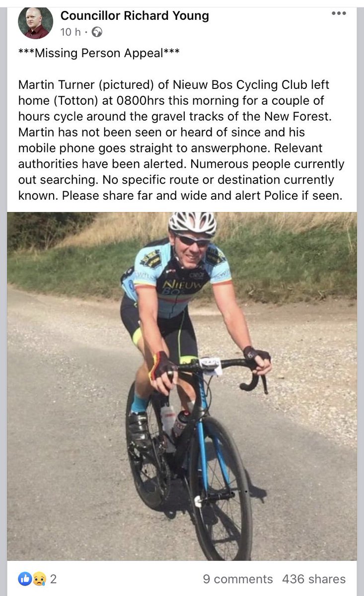 MISSING CYCLIST
For anyone who is out in the New Forest today, please keep a look out for Martin Turner a cyclist who was due to return home yesterday lunch but has not been seen since.