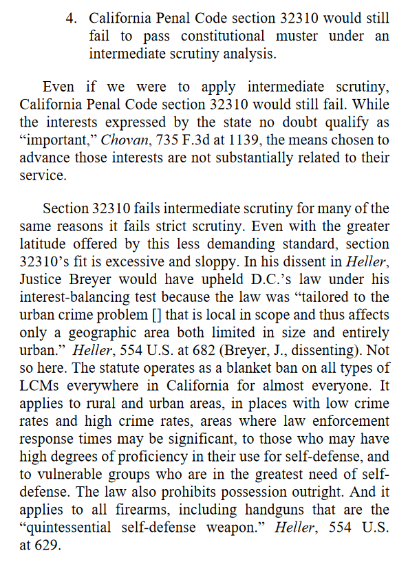 "Even if we were to apply intermediate scrutiny, California Penal Code section 32310 would still fail. While the interests expressed by the state no doubt qualify as 'important,' the means chosen to advance those interests are not substantially related to their service."