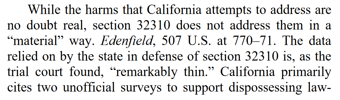 "The data relied on by the state in defense of section 32310 is, as the trial court found, “remarkably thin.” California primarily cites two unofficial surveys to support dispossessing law-abiding Californians of millions of magazines."