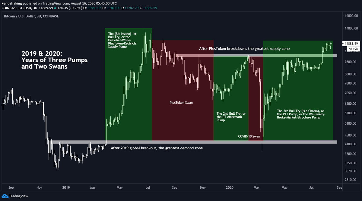 2) Looking only a year and a half back, we had some of the most interesting market structures in any Bitcoin cycle. During several attempts at a "typical" bullish trend with a strong halving narrative, two swans hit price discovery one after the other: PlusToken and COVID-19.
