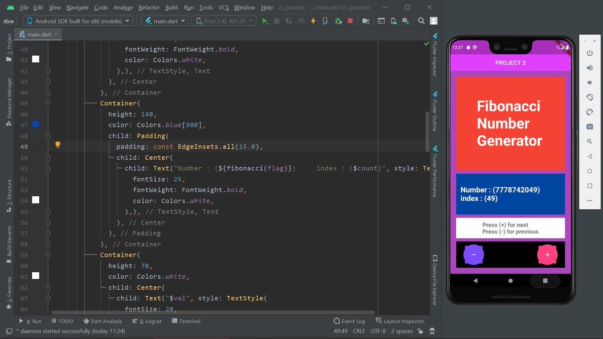 ModulusMod's tweet image. #100DaysOfCode
Day-53
Today I've created a Fibonacci Number Generator application using #Flutter, right now the application is capable of finding out the previous and next number in Sequence, but it still need more functionality.