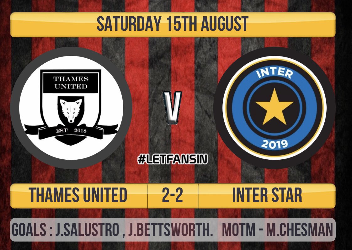 Thames United (@thames_united) on Twitter photo The result from yesterday’s fixture against a very good <a href="/InterStars2/">Inter Star FC</a> side.
Good luck with you’re season chaps 👊🏻 The result from yesterday’s fixture against a very good <a href="/InterStars2/">Inter Star FC</a> side.
Good luck with you’re season chaps 👊🏻