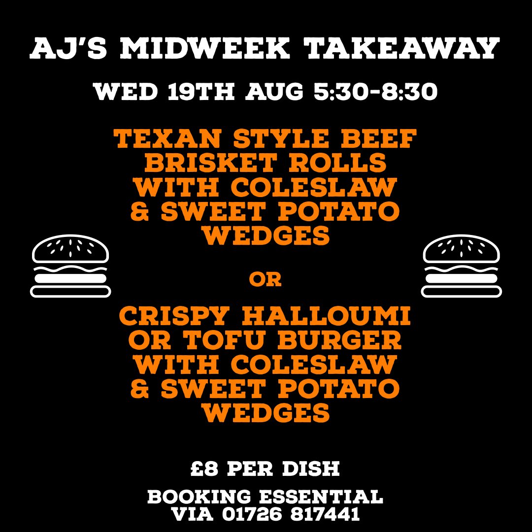 AjCarlyon's tweet photo. This weeks Midweek Takeaway - call to book via 01726 817441 🍔

Table booking can also be arranged to sit in and enjoy with us either inside or out ☀️ https://t.co/CgNVq4UxzH