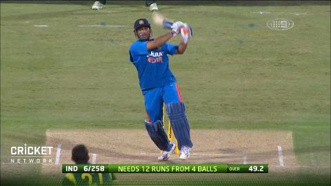 "12 runs needed from 4 balls" - how this displays on screen and how Dhoni hits a six from that position is a frame that defines Dhoni's career. This one from the 2012 commonwealth game against Australia from where he smacks a six before running a 2 and 3 and take India home.