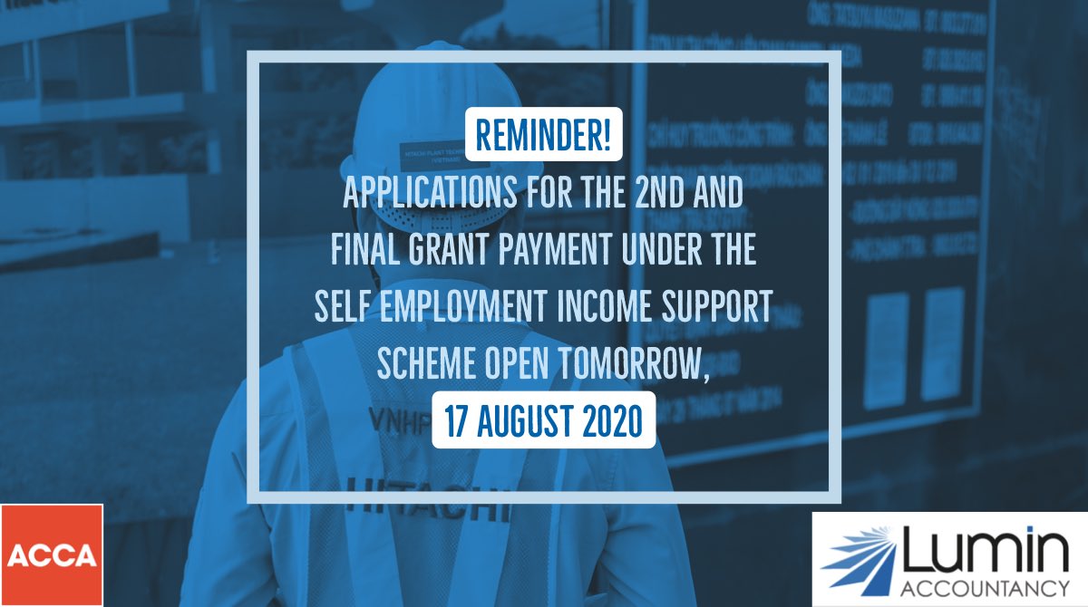 LuminAccounts's tweet photo. ⭐️ REMINDER ⭐️ Please Share⭐️

Applications for the 2nd &amp; final grant payment under the Self Employment Income Support Scheme open tomorrow, 17 August.

In order to be eligible for the 2nd grant payment, your business needs to have been adversely affected on or after 14 July 2020 https://t.co/YVJmWFPOL5