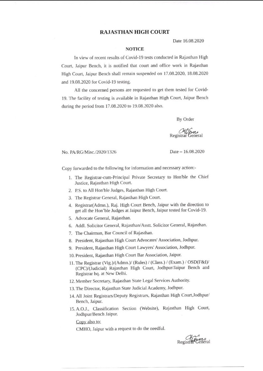 Rajasthan HC has suspended hearings till 19th August 2020 in view of recent results of #COVID19India tests.