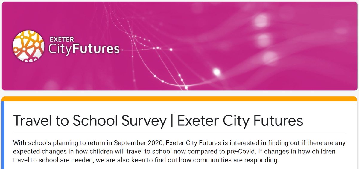 We've created a travel-to-school survey to find out about expected changes in how #Exeter children will #traveltoschool in Sept, compared to pre-Covid.

Your input will help identify any impact on our city’s ability to achieve the #NetZeroExeter 2030 Plan: forms.gle/Wwq4oi8ZQa7jip…