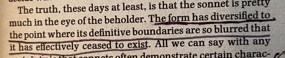 After offering some preliminary definitions and characteristics of the sonnet form (the usual stuff, 14 lines, iambic pentameter, octave/sestet, etc), Paterson hits us with this caveat. /2
