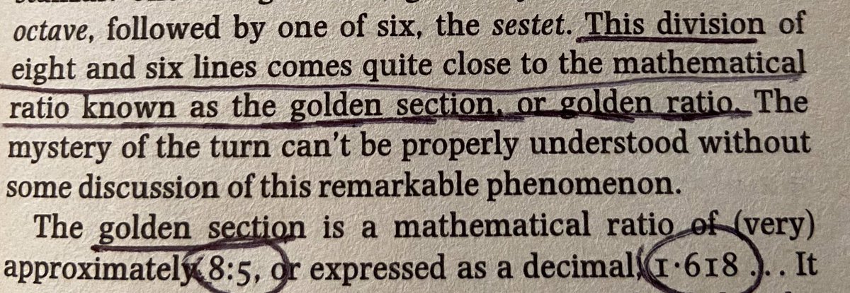 A really interesting notation on the relevance of the golden ratio when thinking about the typical division between octave and sestet, perhaps partly explaining the sonnet structure and its seeming permenance within the formal imagination of poetry. /9