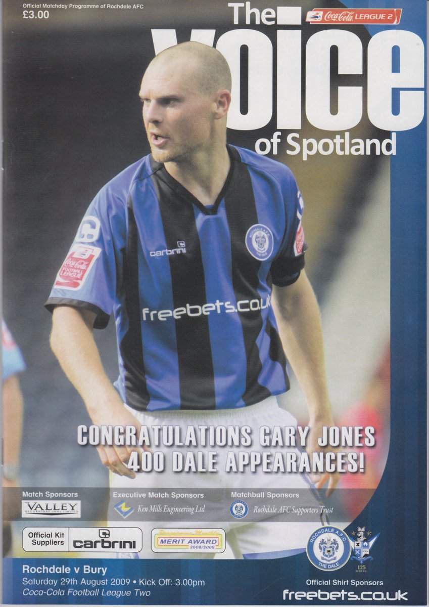 PROGRAMME OF THE DAY - 29th August 2009 - League Two - Rochdale 3 Bury 0. A marvellous afternoon at Spotland saw goals from @IAmJoeThompson, Chris Dagnall and @T_Kennedy3 (pen - plus celebration) seal a 3-0 win for @officiallydale over Bury. youtube.com/watch?v=Sx2wwG… @GrJones18