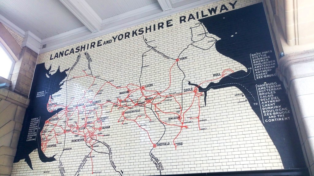 Manchester Victoria has this SPLENDID and really quite vast glazed tiled map from the old Lancashire & Yorkshire Railway - and is kept in pretty good nick these days. Well worth a 5 min detour if you’re psssing nearby. (Pic by  @EdwardAJames)