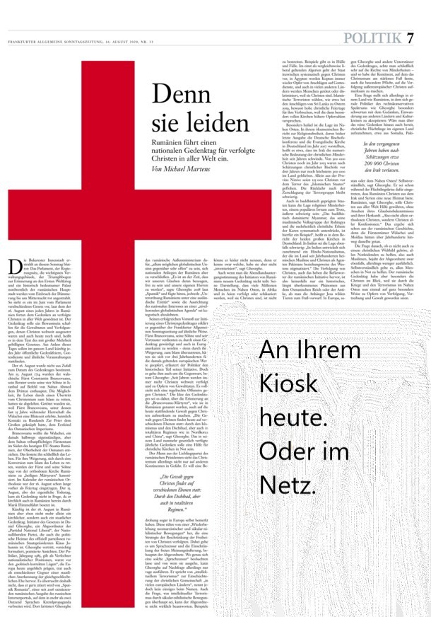 Andric1961's tweet image. In Rumänien ist der 16. August seit diesem Jahr laut Gesetz ein nationaler Gedenktag für verfolgte Christen in aller Welt. Europa habe die besondere Pflicht, auf die Not außereuropäischer Christen aufmerksam zu machen, sagt der Initiator. Ein Gespräch. F.A.S.