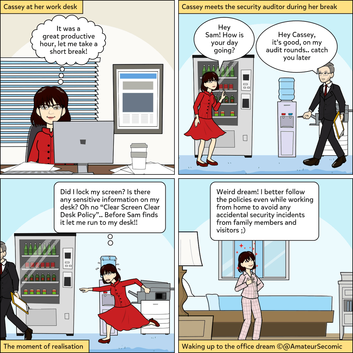 AmateurSecomic's tweet photo. The clear screen clear desk struggle of Cassey ;) #informationsecurity #comics #Infosecomics #cybersecurity #CSCD # https://t.co/X9wXcO8uVb