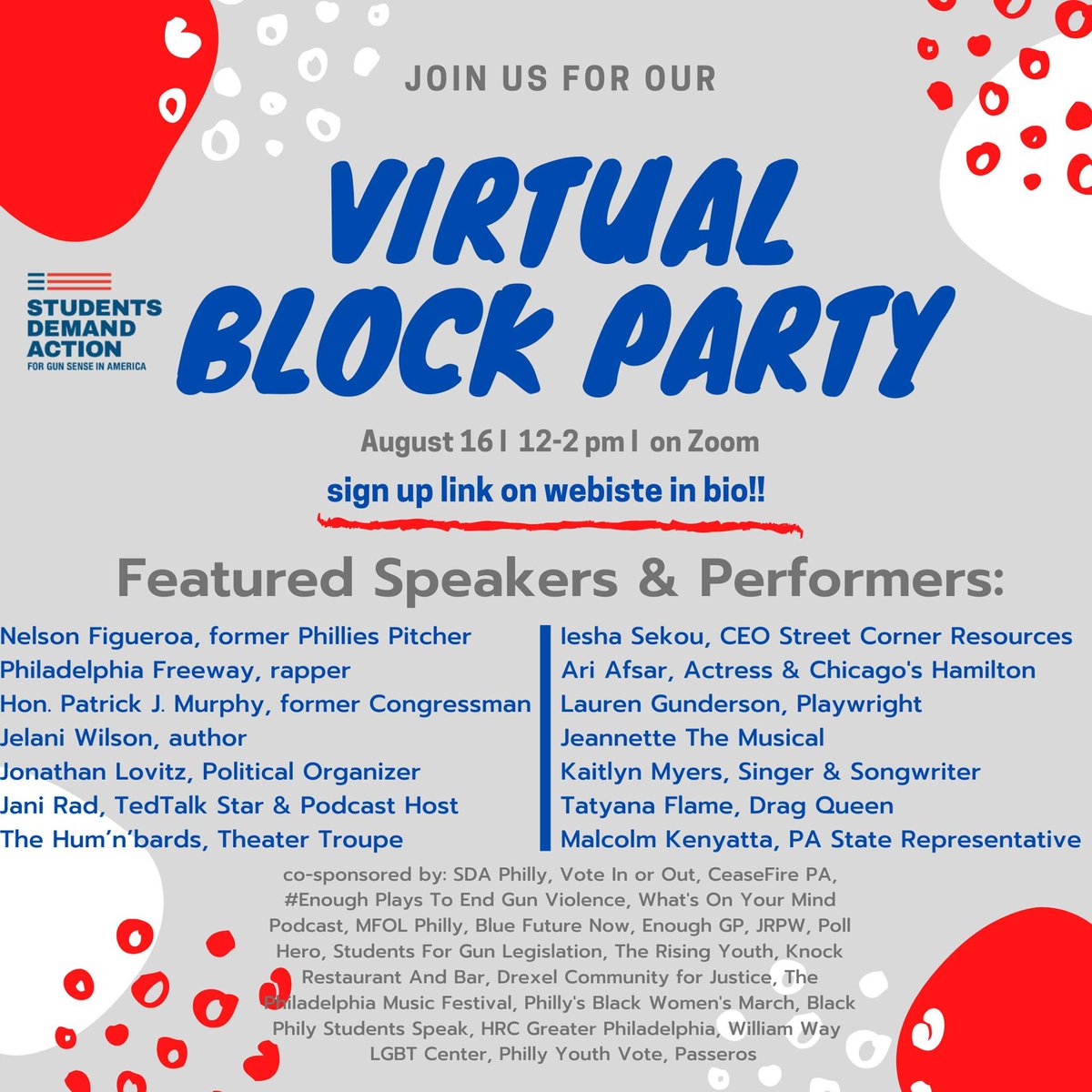 kennedydemspa's tweet image. Join @PatrickMurphyPA and the incredible @RepKenyatta at a #VirtualBlockParty in support of Students Demand Action! We may not be able to party together in person yet, but this is a close second for now! buff.ly/323pXF8