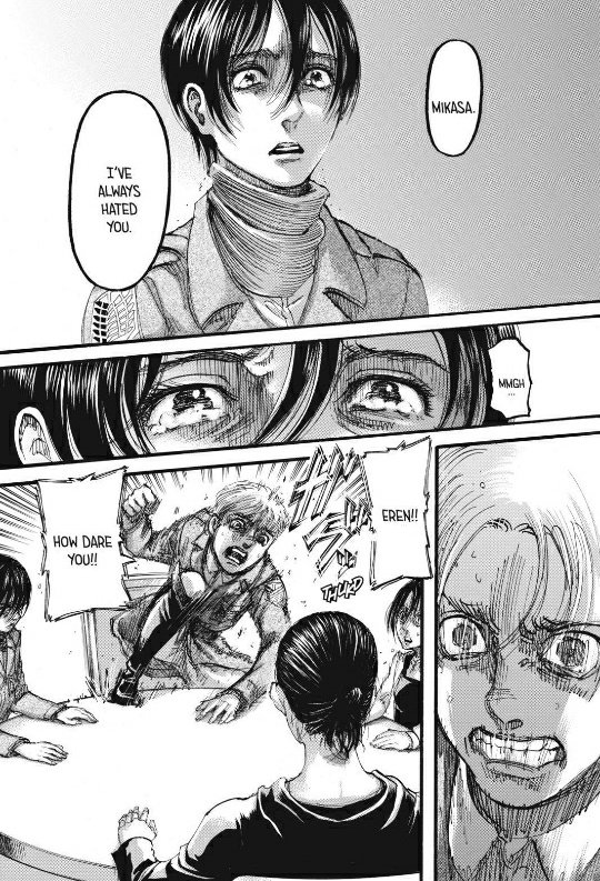 If Eren did have a child, he wouldn't be able to go through with his plan since "love" would overrun his goal. Chap112 represents his rejection and that lead him into pushing away Armin and Mikasa from him. His two bestfriends represents the humanity in Eren-