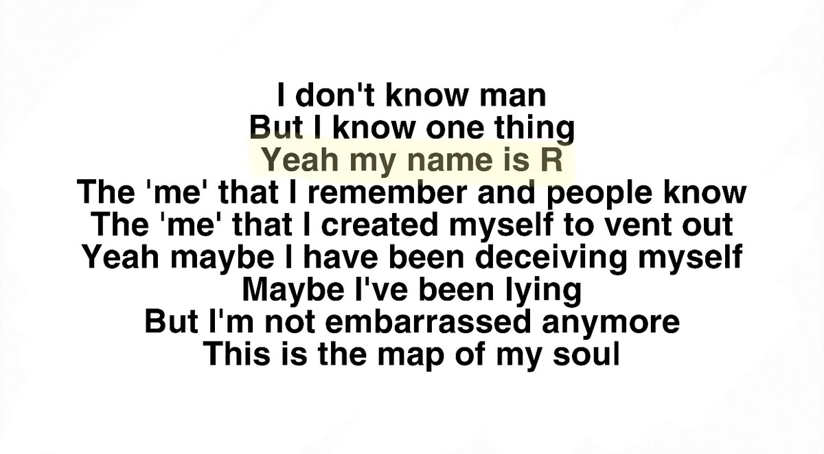 "my name is R" is such a clever line because it brings into one the many aspects of his "self": Runch Randa (pre-debut), Rap Monster/RM (debut to today) and even the idea that he is 'real' as he states on the song "Voices" (목소리) on his first mixtape!!! just [chef's kiss]